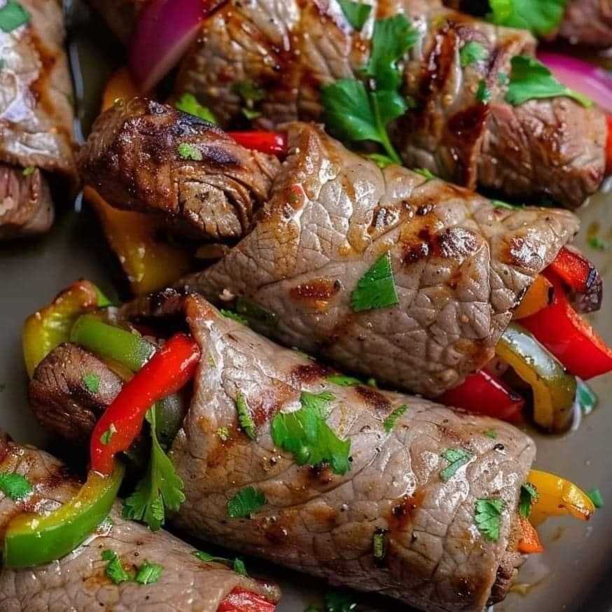 Healthy Steak Fajita Roll-Ups Ingredients:  For the steak roll-ups:  1 lb. thinly sliced sirloin steak, pounded thin, cut into 1″x3″ strips 2 Tbsp avocado or olive oil, divided 3 bell peppers (different colors), cut into thin strips 1 large yellow onion, sliced into strips 2-3 green onions, green parts sliced Fresh parsley or cilantro, chopped For the fajita seasoning:  1 tsp chili powder 1 tsp ground cumin 1 tsp garlic powder 1/2 tsp dried oregano 1/2 tsp smoked paprika 1/2 tsp sea salt 1/4 tsp ground black pepper Instructions:  CONTINUE READING NEXT PAGE